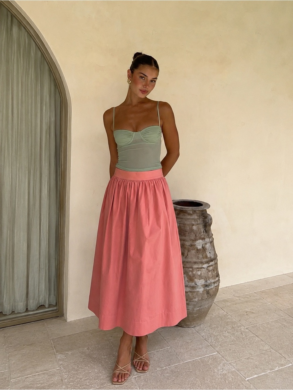 Zara Pink Coral Midi Skirt | High-Waisted Cotton A-Line Skirt | Feminine Cottage